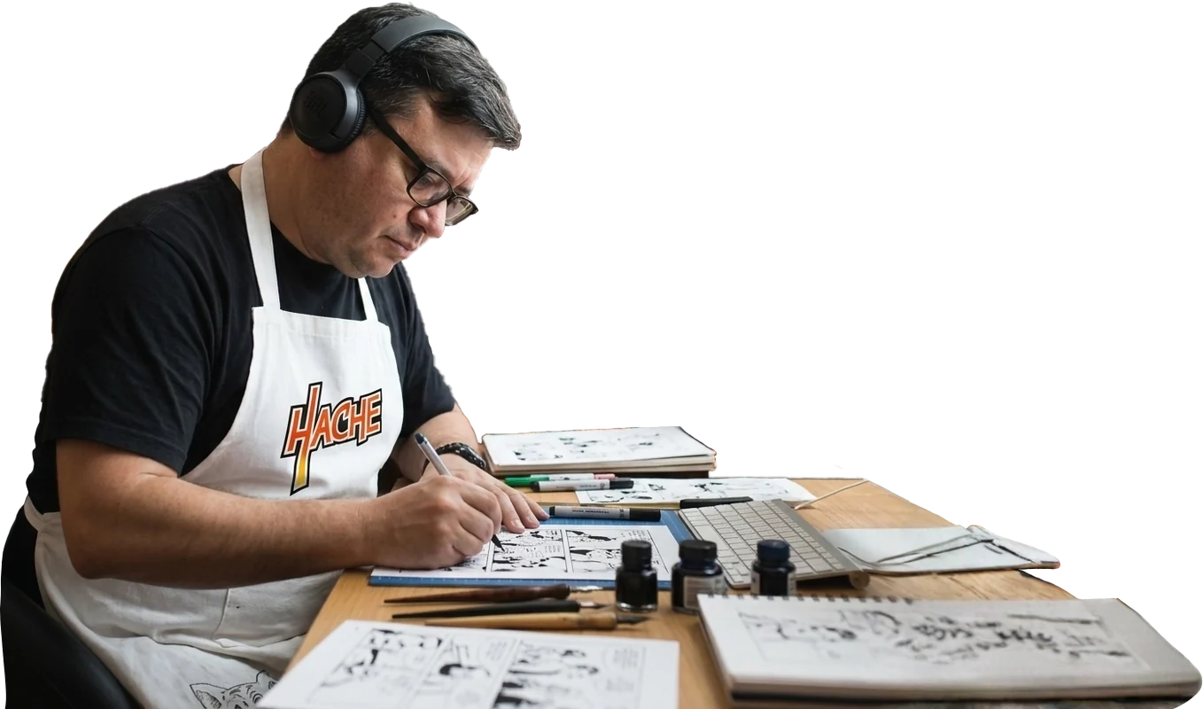 Oscar Hernández Montenegro trabajando en una ilustración