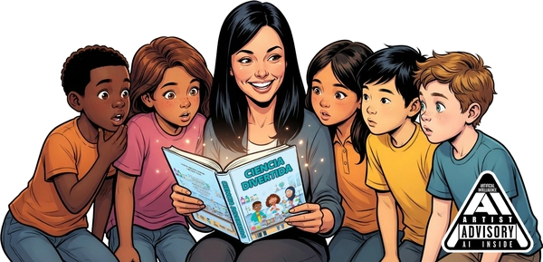 Imagen hecha con inteligencia artificial: una maestra leyendo un libro a sus estudiantes.