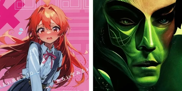 Dos imágenes: una chica manga sorprendida sobre un fondo rosa y un primer plano de un extraterrestre verde hecho con inteligencia artificial.
