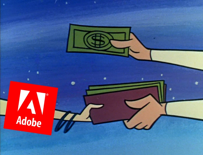 Manos de caricatura canjeando dinero entre ellas. Una lleva un logo rojo.