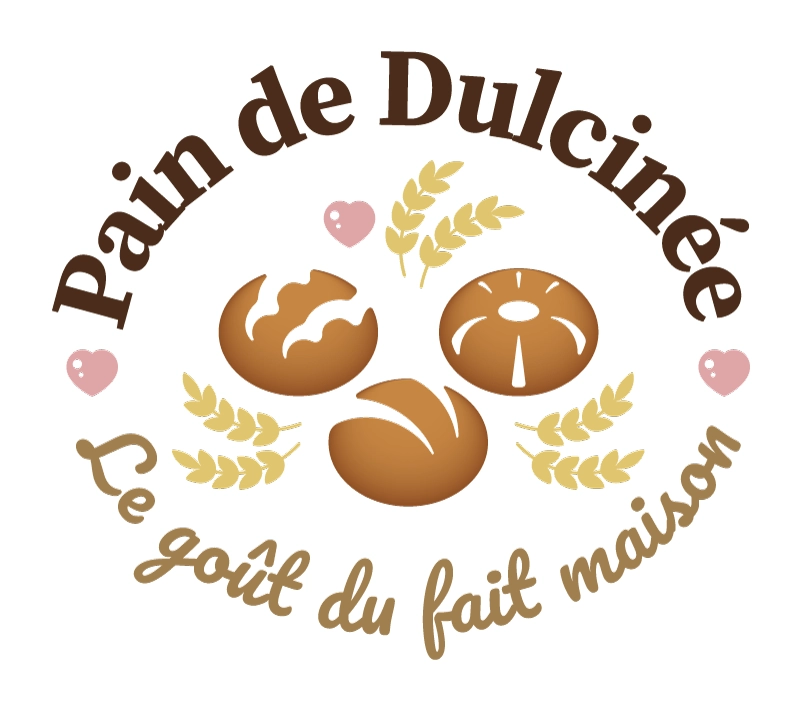 Logo de una panadería francesa que muestra tres panes acompañados de espigas y corazones, rodeados por el texto de la marca.